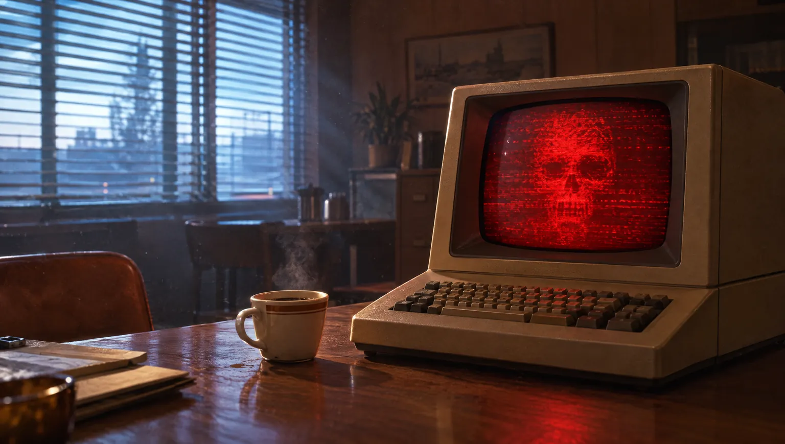 A 1970s computer terminal glowing red with a ransom screen