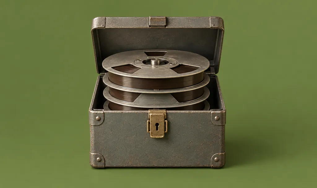 Computer tape reels stored in a steel fireproof lockbox, illustrating offline backups