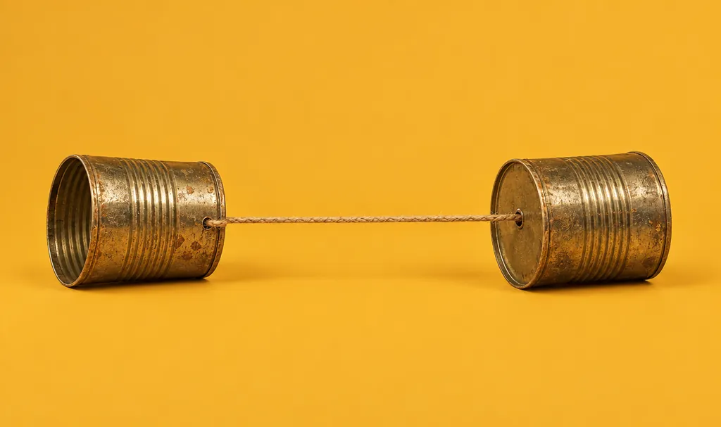 Two tin-can telephones joined by string, illustrating calling a supplier back to verify bank details