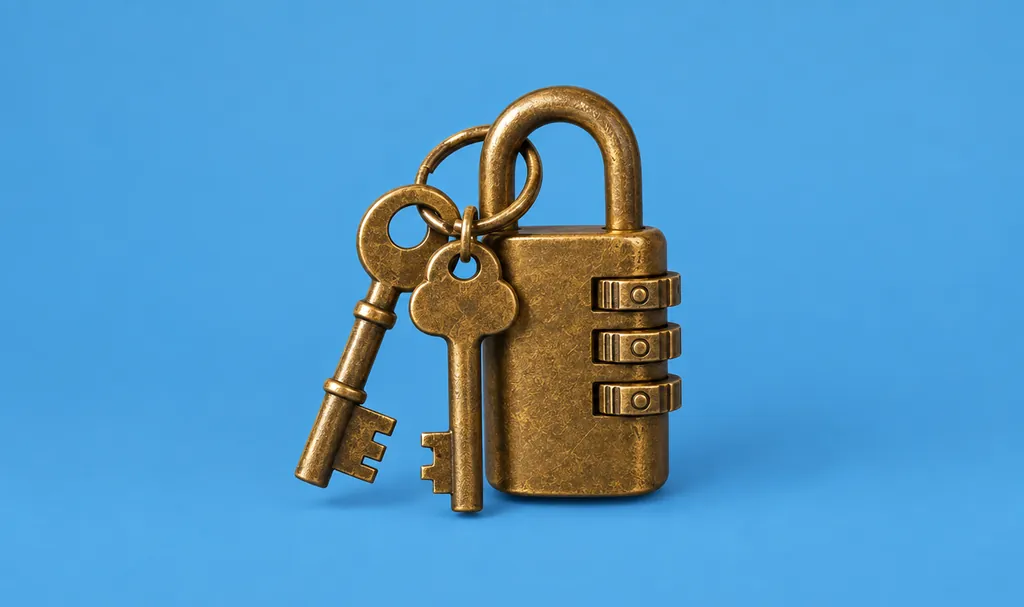 Two brass keys and a combination padlock, illustrating multi-factor authentication