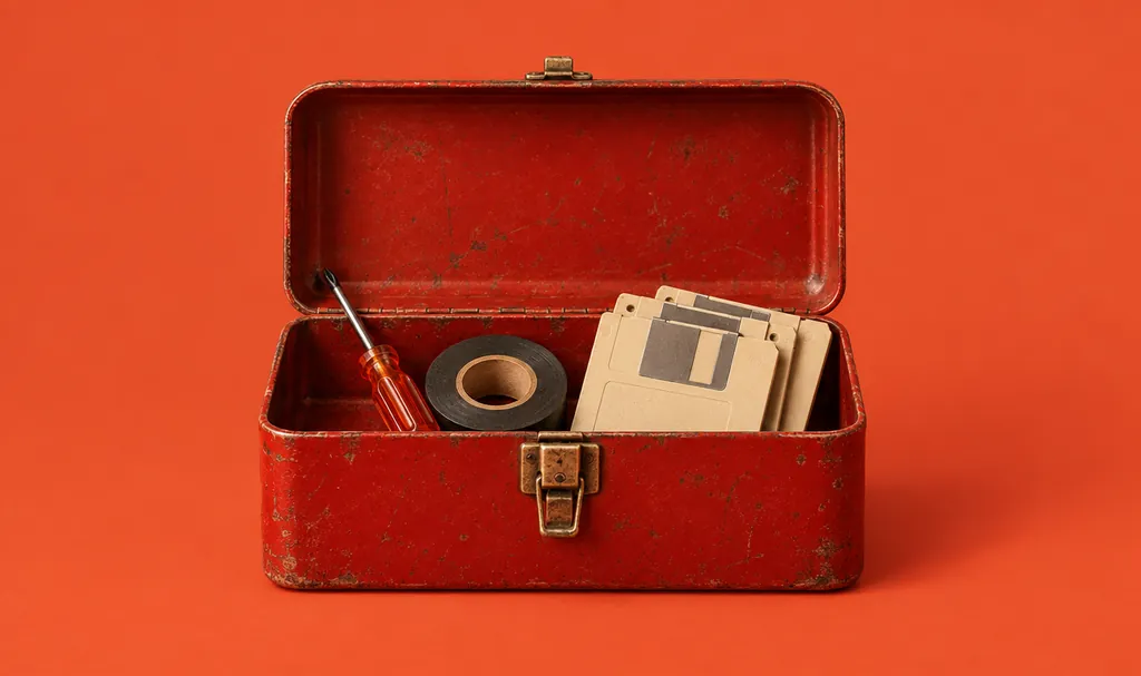 An open red toolbox holding a screwdriver, tape and floppy disks, illustrating software maintenance