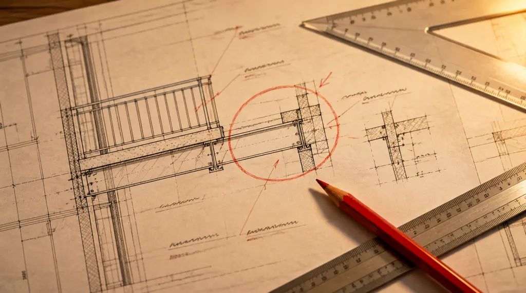A balcony section drawing with one beam detail circled in red pencil