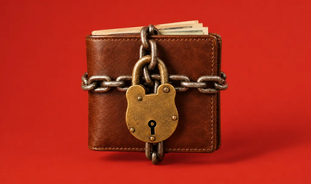 A leather wallet wrapped in a chain and padlock, illustrating ransom payments that need the insurer’s consent