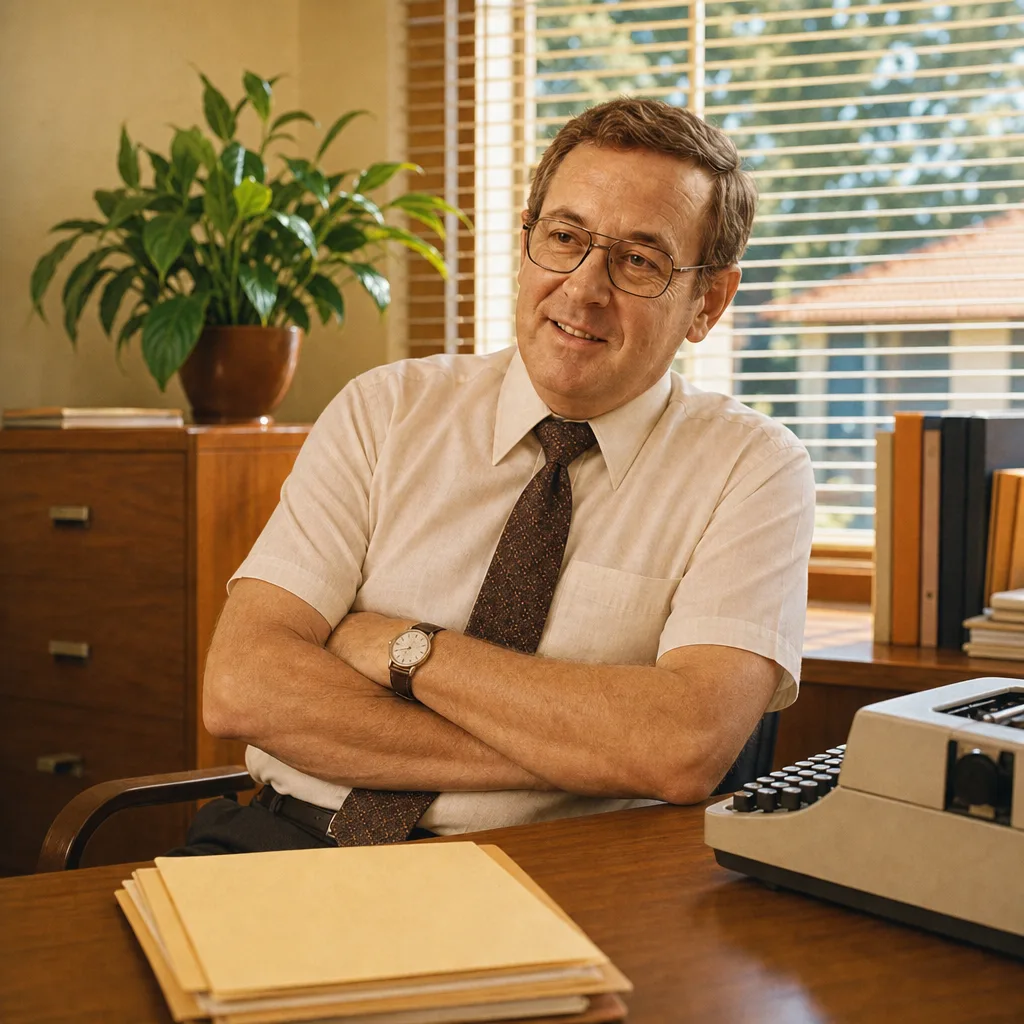 Gary at his desk, arms folded