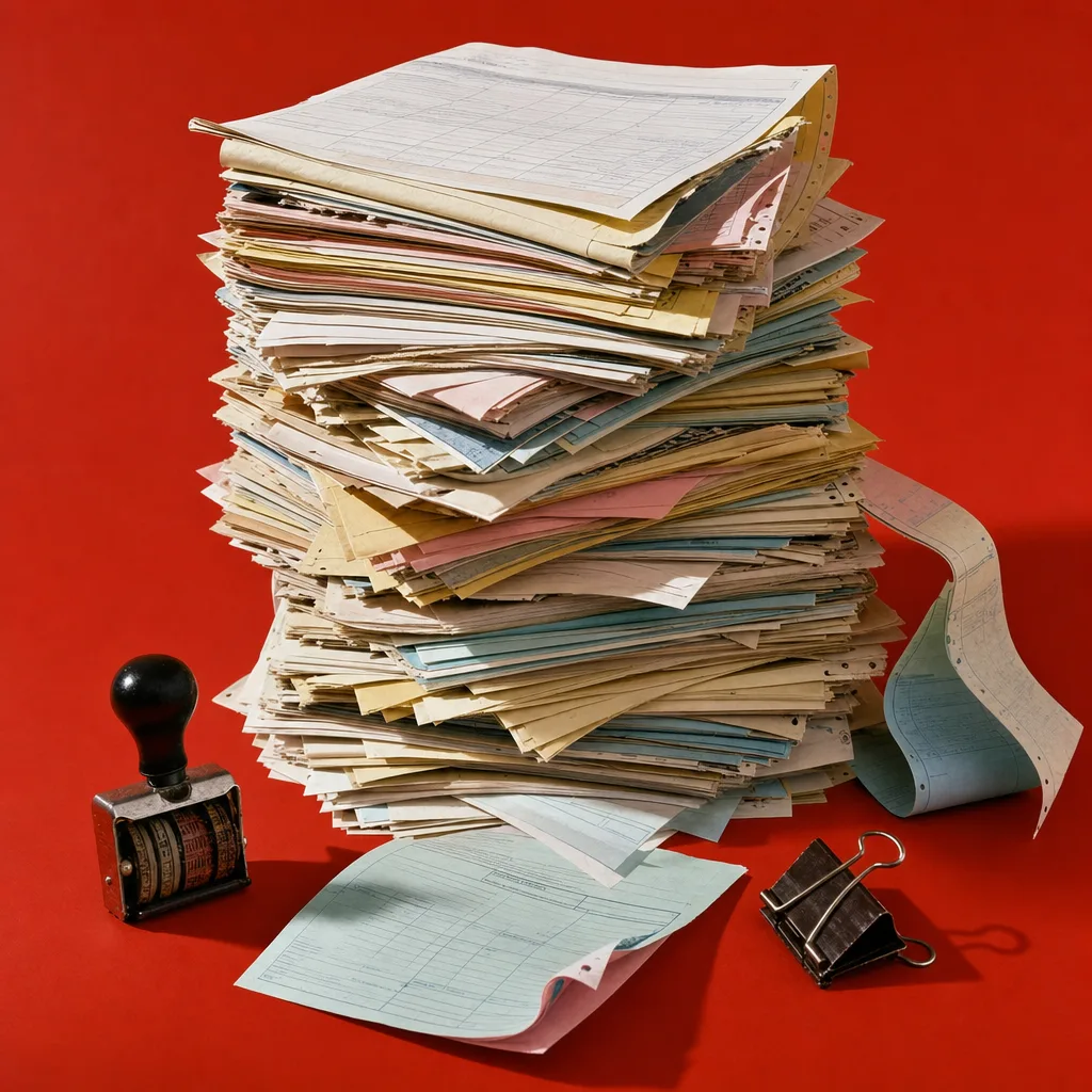 A teetering stack of old carbon-copy insurance forms