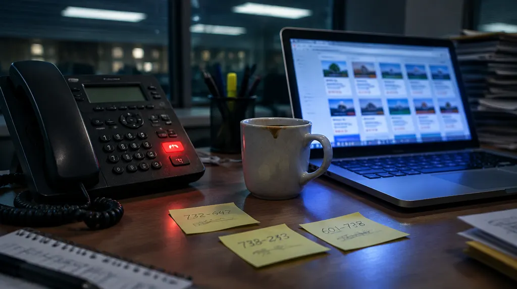 A desk phone on hold beside a laptop and sticky notes of reference numbers